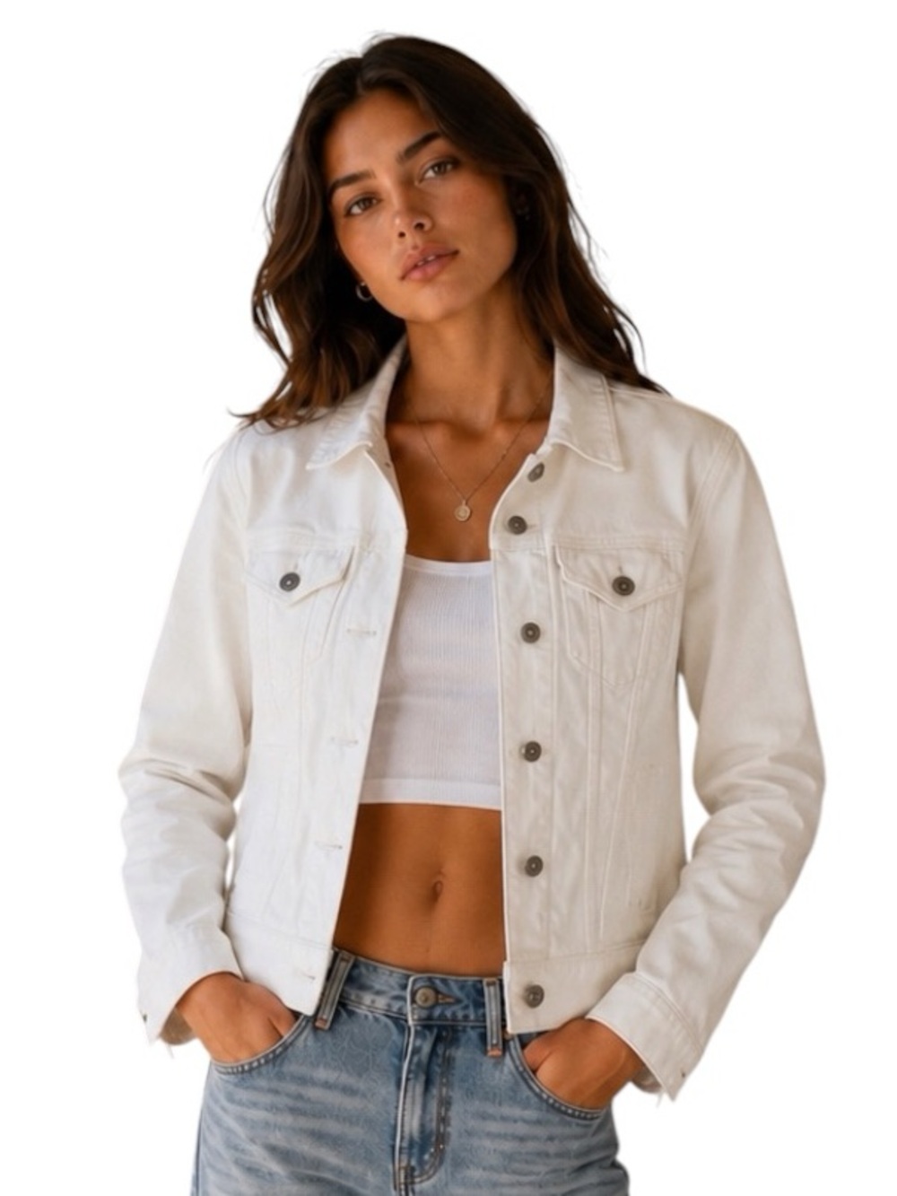 Vintage Lucky Brand Classic White Jean Jacket | Y2K Unisex Trucker Denim Small - Picture 12 of 12
